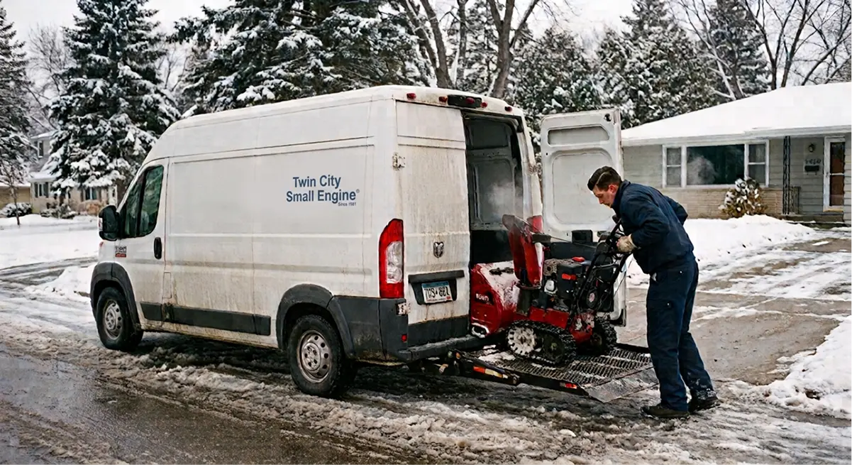Snowblower being loaded up a ramp into a Twin City Small Engine service van